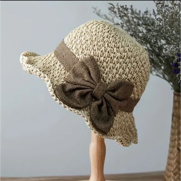 So Cute! Foldable Ruffled Bow Straw Sun Bucket Hat Elegant French Style Beach - Picture 2 of 7